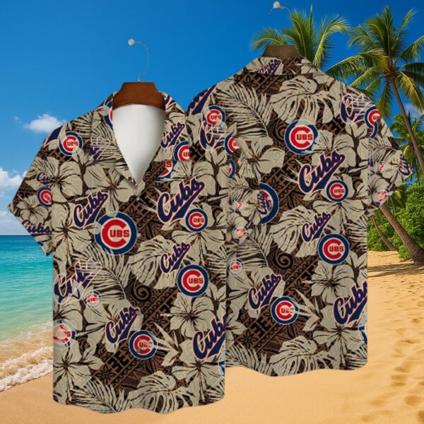 Cubs Brown Tropical Leaf Pattern MLB Aloha Shirt