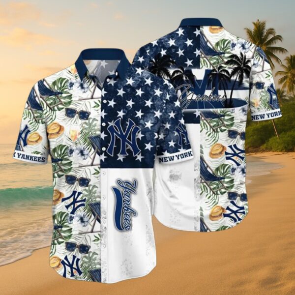 NY Yankees Palm & Star Split Hawaiian Shirt