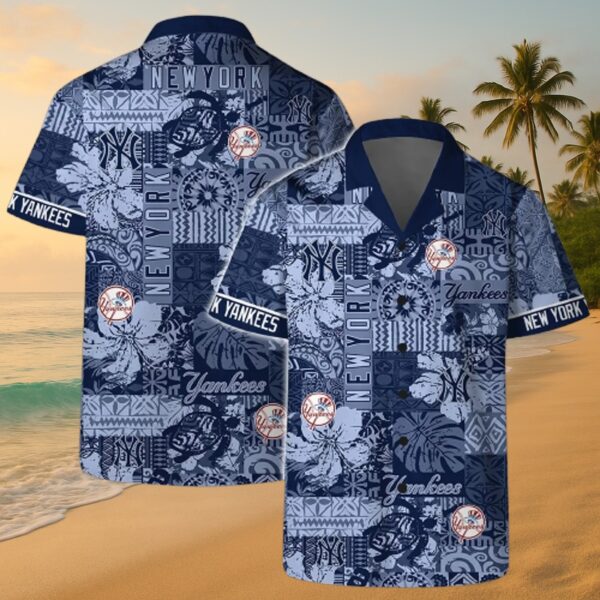 New York Yankees Blue Mosaic Aloha Shirt - Tropical Fan Apparel