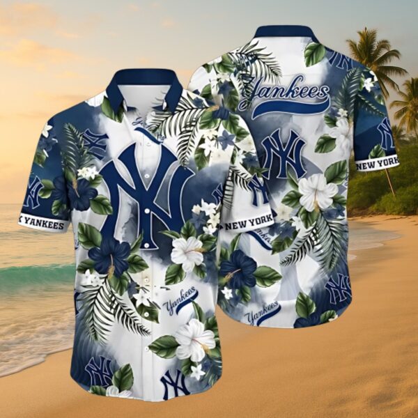 New York Yankees Navy Tropical Floral Aloha Fan Shirt