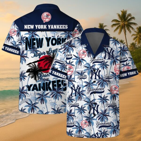 Yankees Navy Palm & Logo Hawaiian Shirt