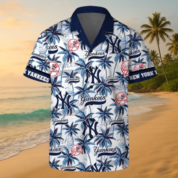 Yankees Navy Palm & Logo Hawaiian Shirt - Image 3
