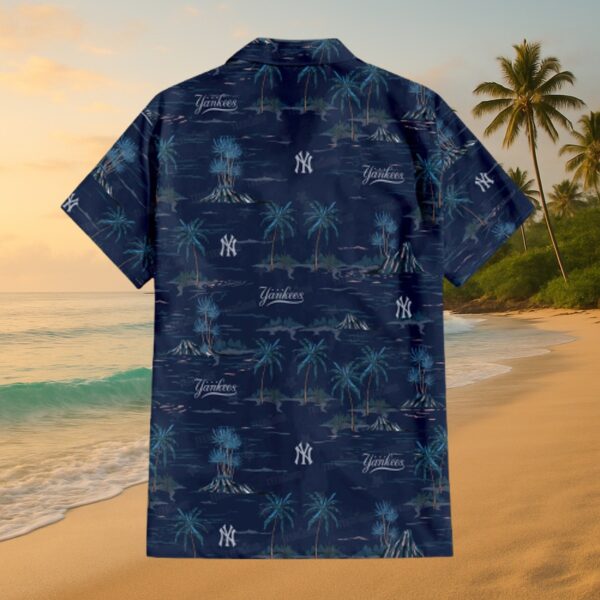 Yankees Navy Palm Print Tropical Hawaiian Shirt - Image 3