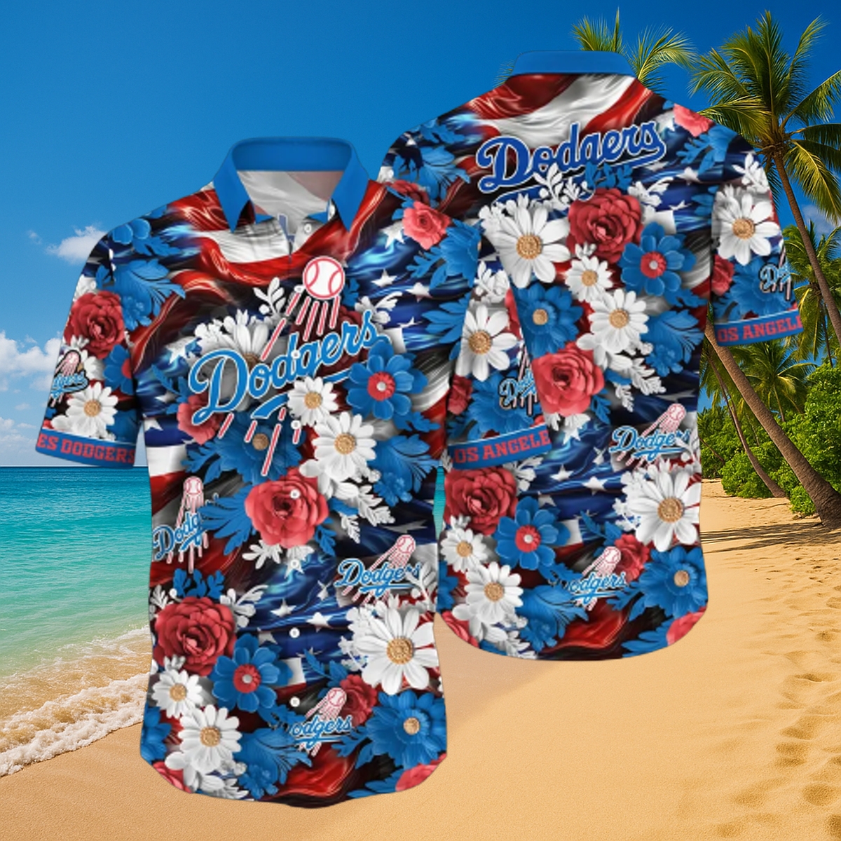 Dodgers Patriotic Floral Baseball Hawaiian Shirt