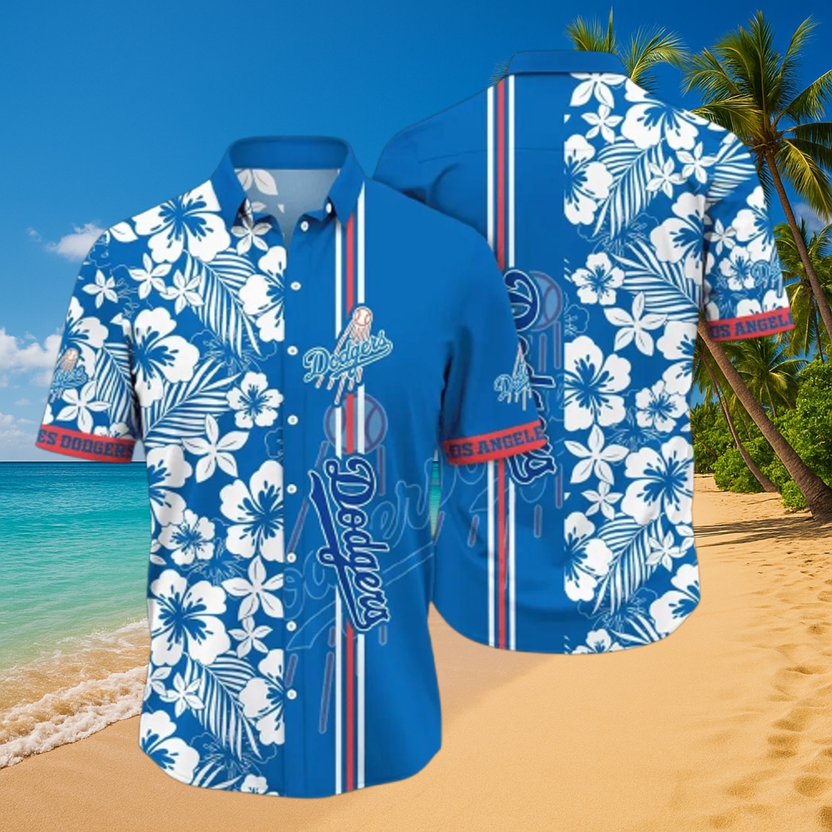 LA Dodgers Floral & Stripe Tropical Hawaiian Shirt MLB Fan