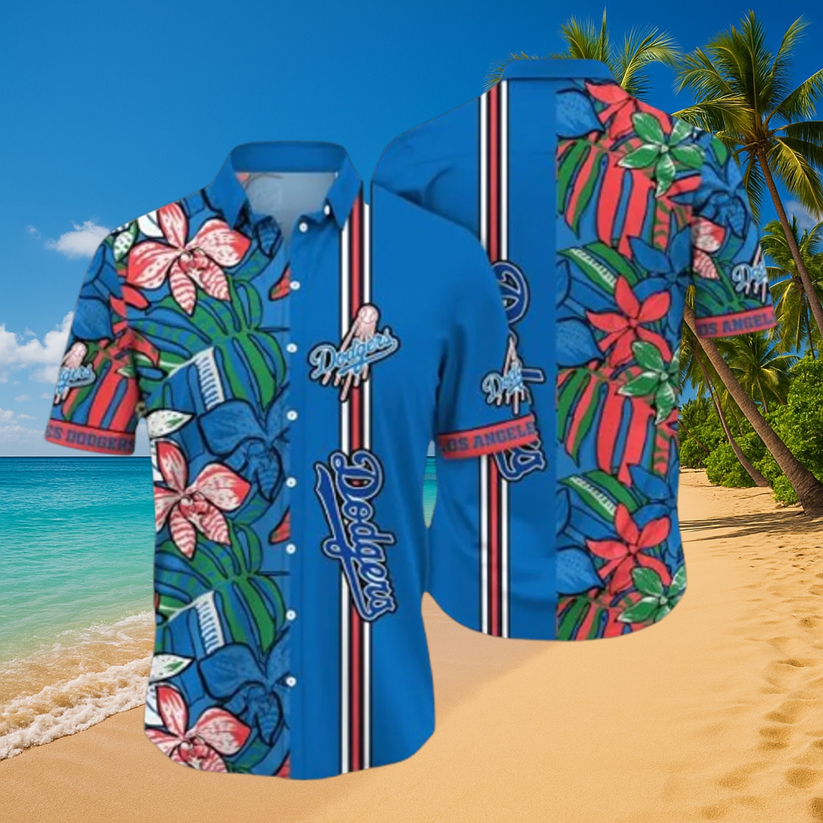 Los Angeles Dodgers Tropical Floral Stripe Hawaiian Shirt