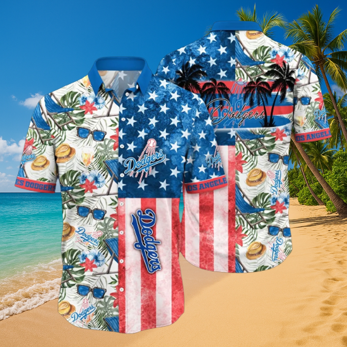 LA Dodgers Tropical Aloha Shirt - American Flag Split Design