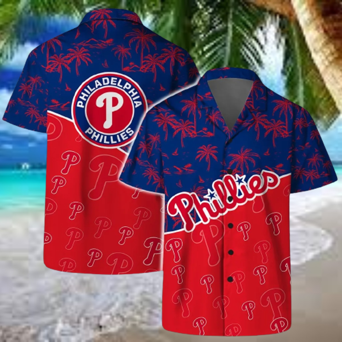 Philadelphia Phillies Team Logo Palm Leaf Pattern Hawaiian Shirt