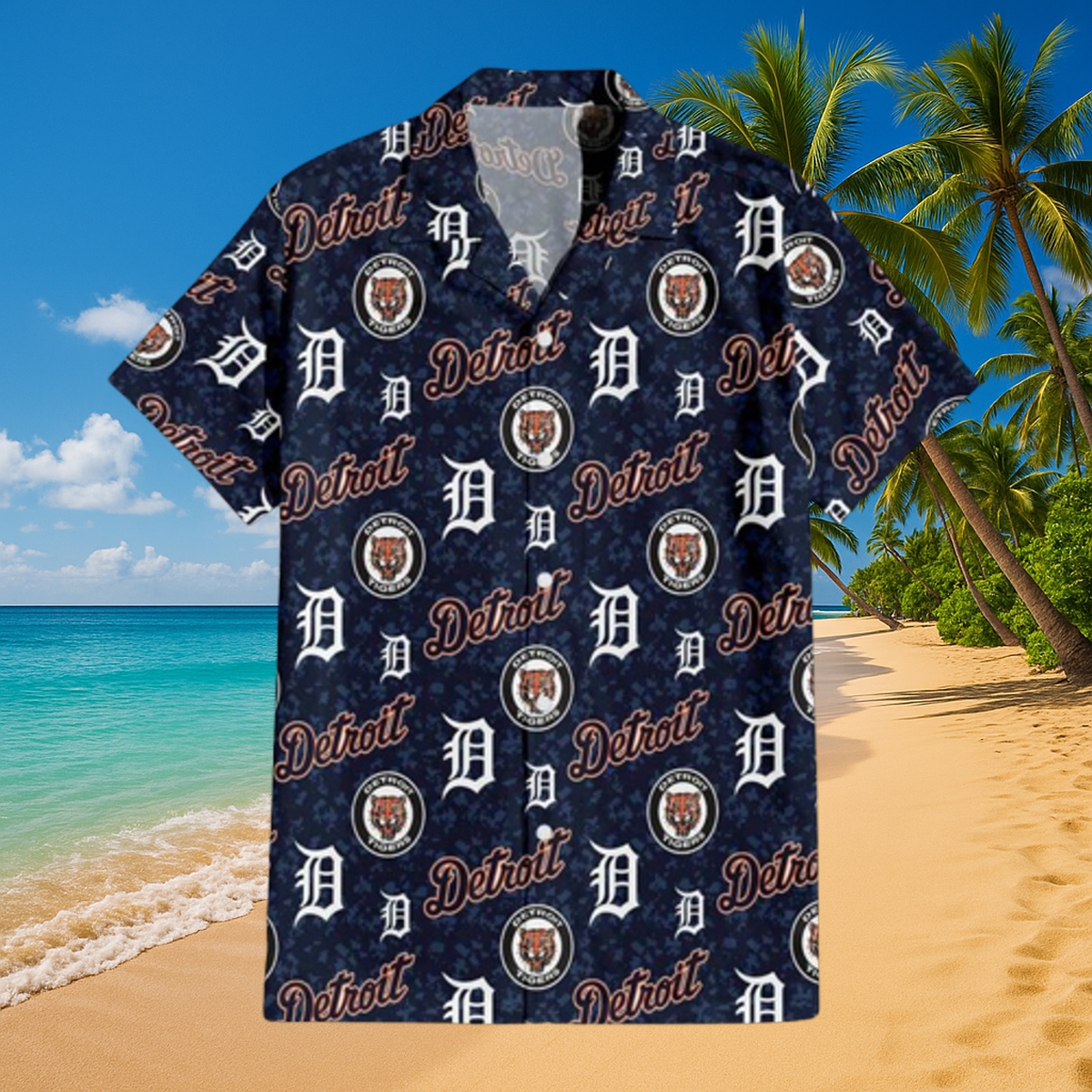 Detroit Tigers Navy Monogram Hawaiian Shirt – Unisex MLB All-Over Logo Print Button-Up