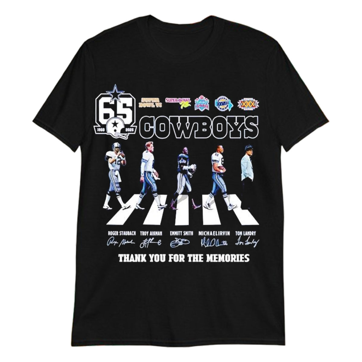 The Dallas Cowboys 65th Anniversary 1960-2025 Thank You For The Memories Road Abbey Signatures T-shirts