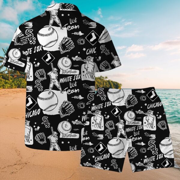 Chicago White Sox Monochrome Baseball Pattern Aloha Shirt - Image 3