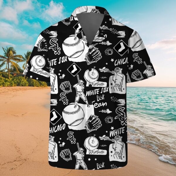 Chicago White Sox Monochrome Baseball Pattern Aloha Shirt - Image 4